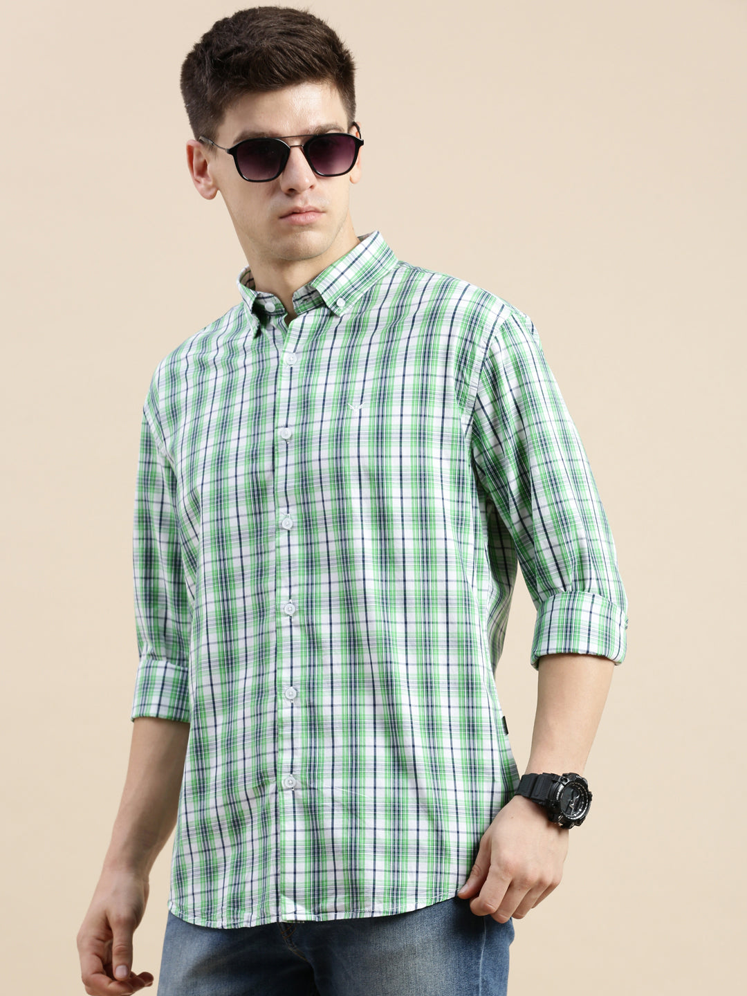 Men Green Checked Casual Shirt