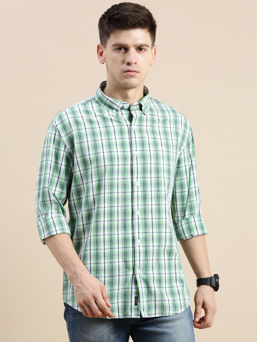 Men Green Checked Casual Shirt