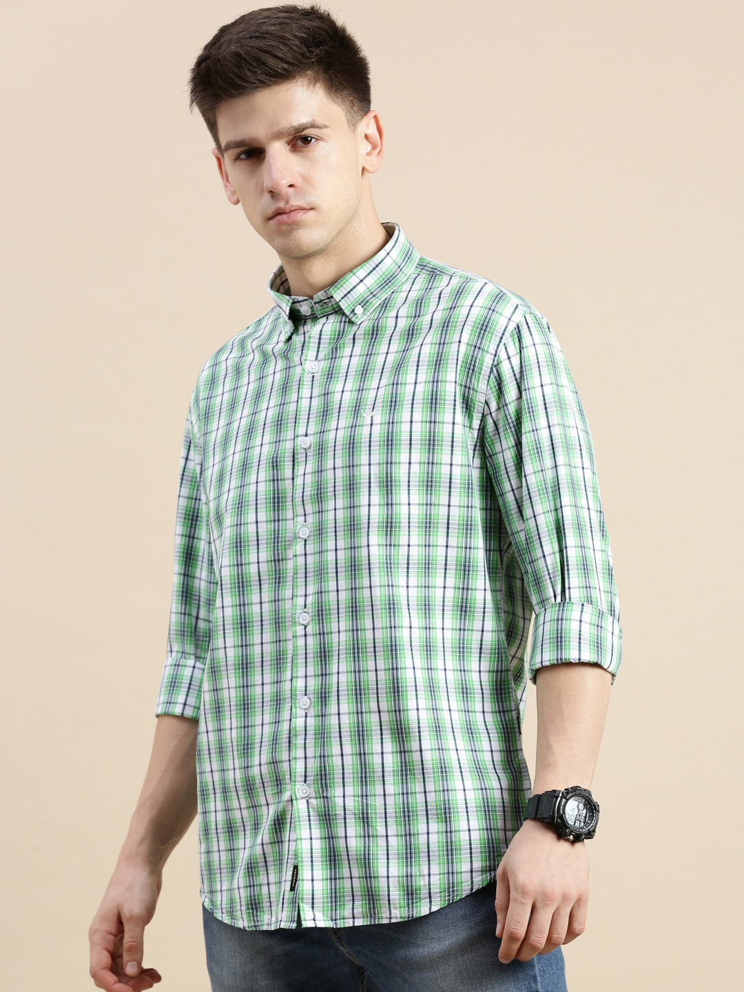 Men Green Checked Casual Shirt