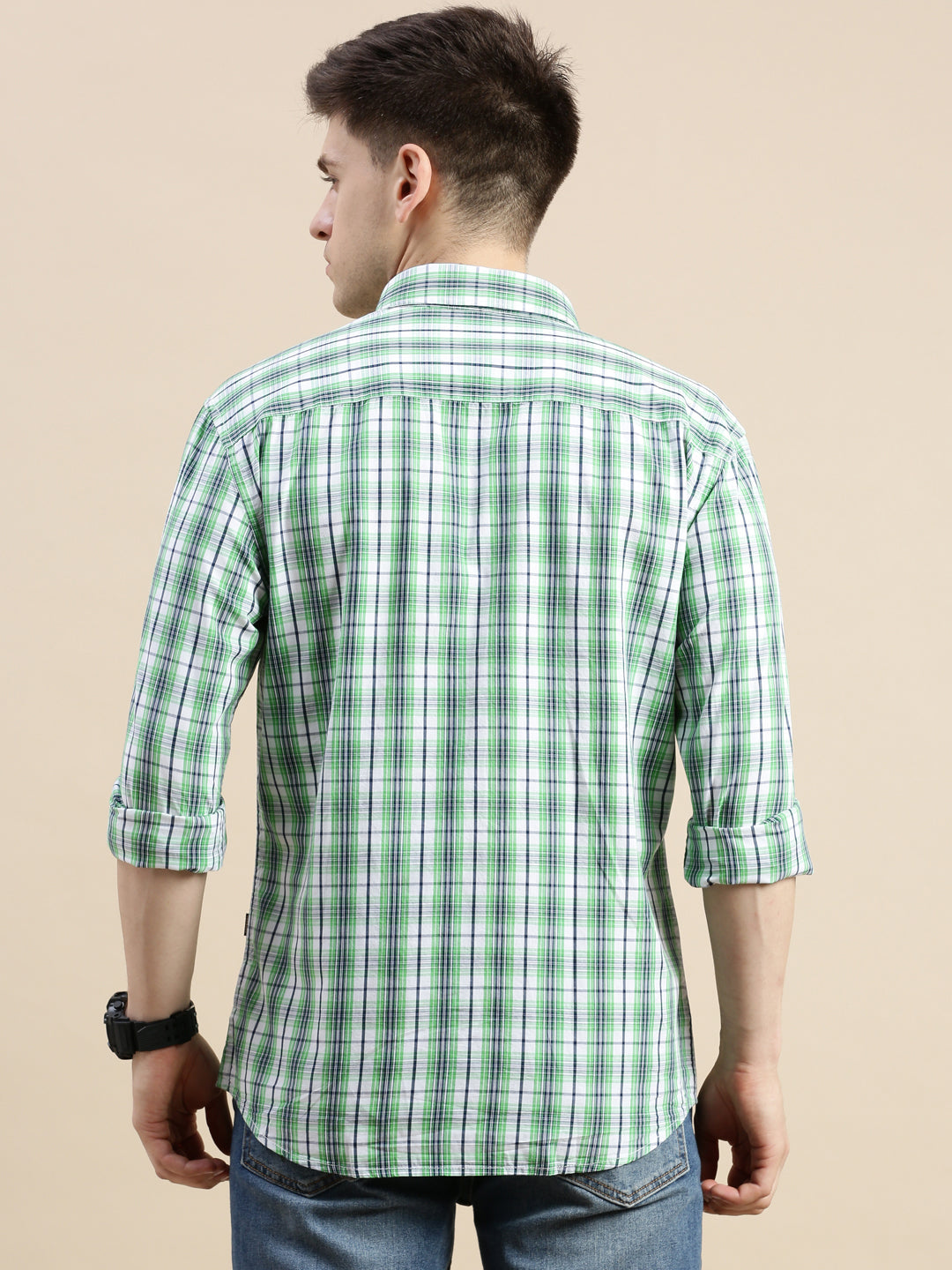 Men Green Checked Casual Shirt