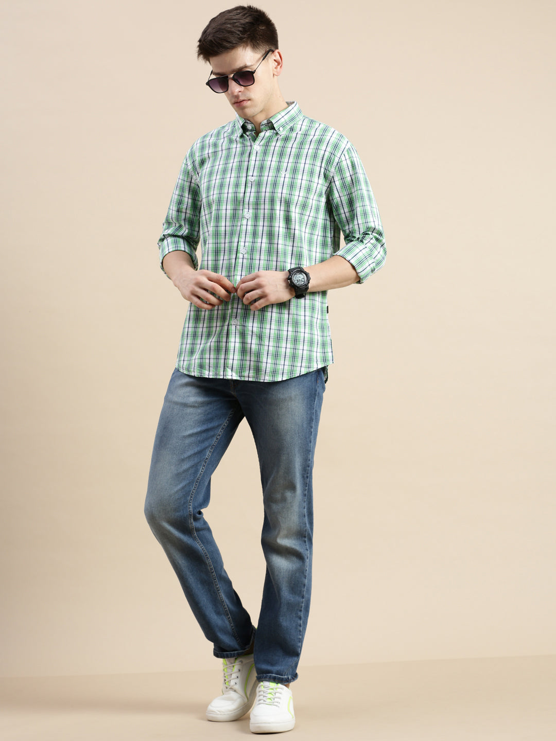 Men Green Checked Casual Shirt