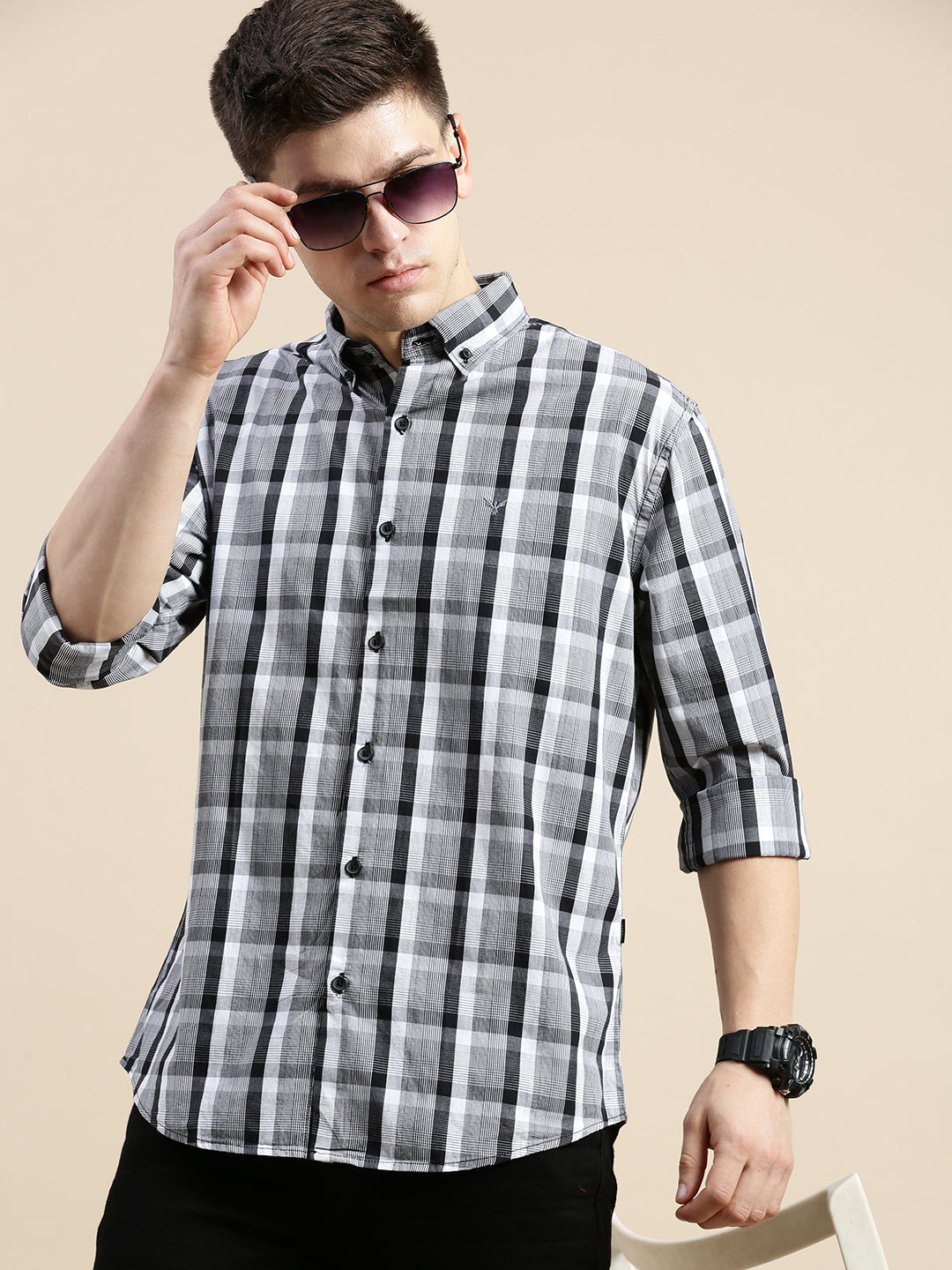 Men Grey Checked Casual Shirt