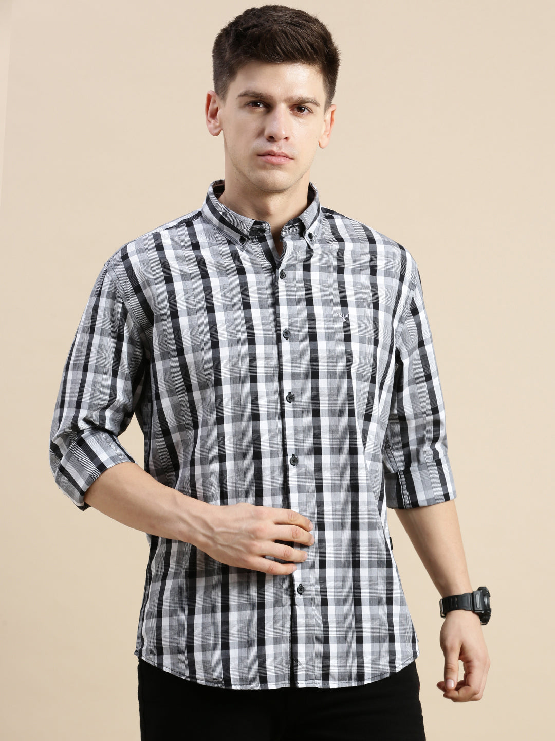 Men Grey Checked Casual Shirt