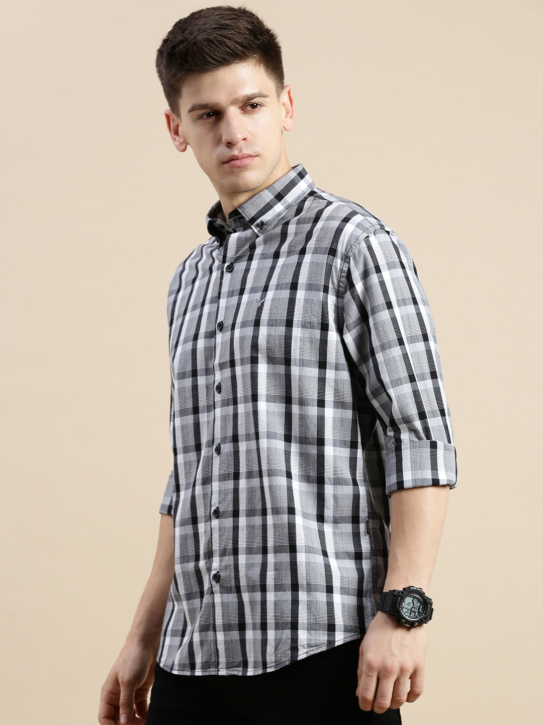 Men Grey Checked Casual Shirt