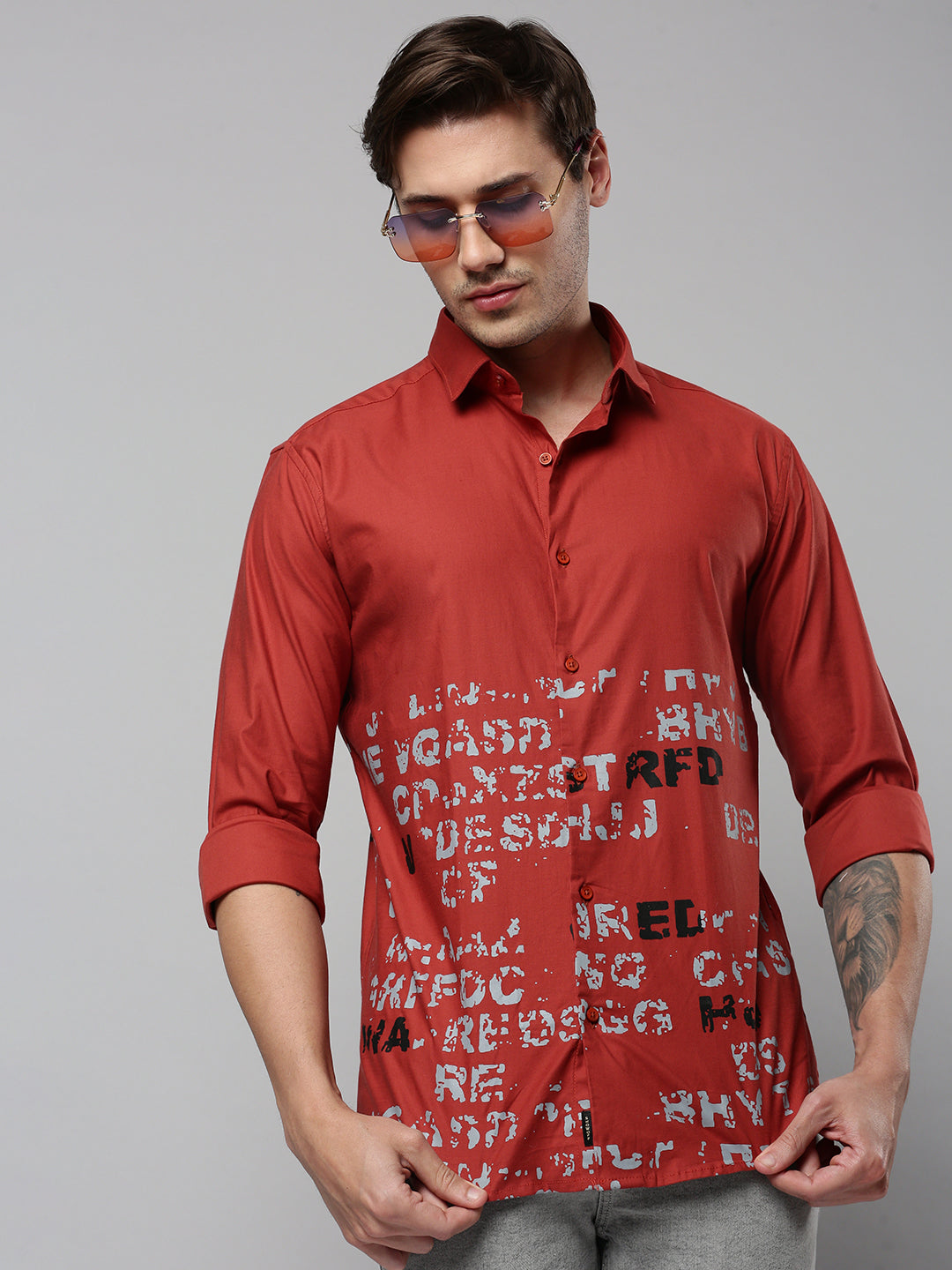 Men Rust Printed Casual Shirt