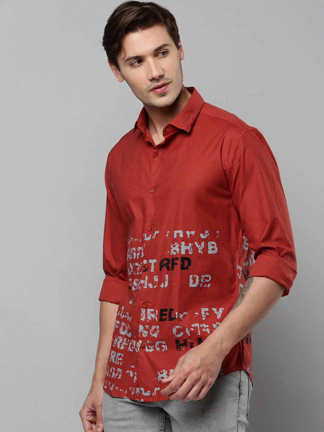 Men Rust Printed Casual Shirt