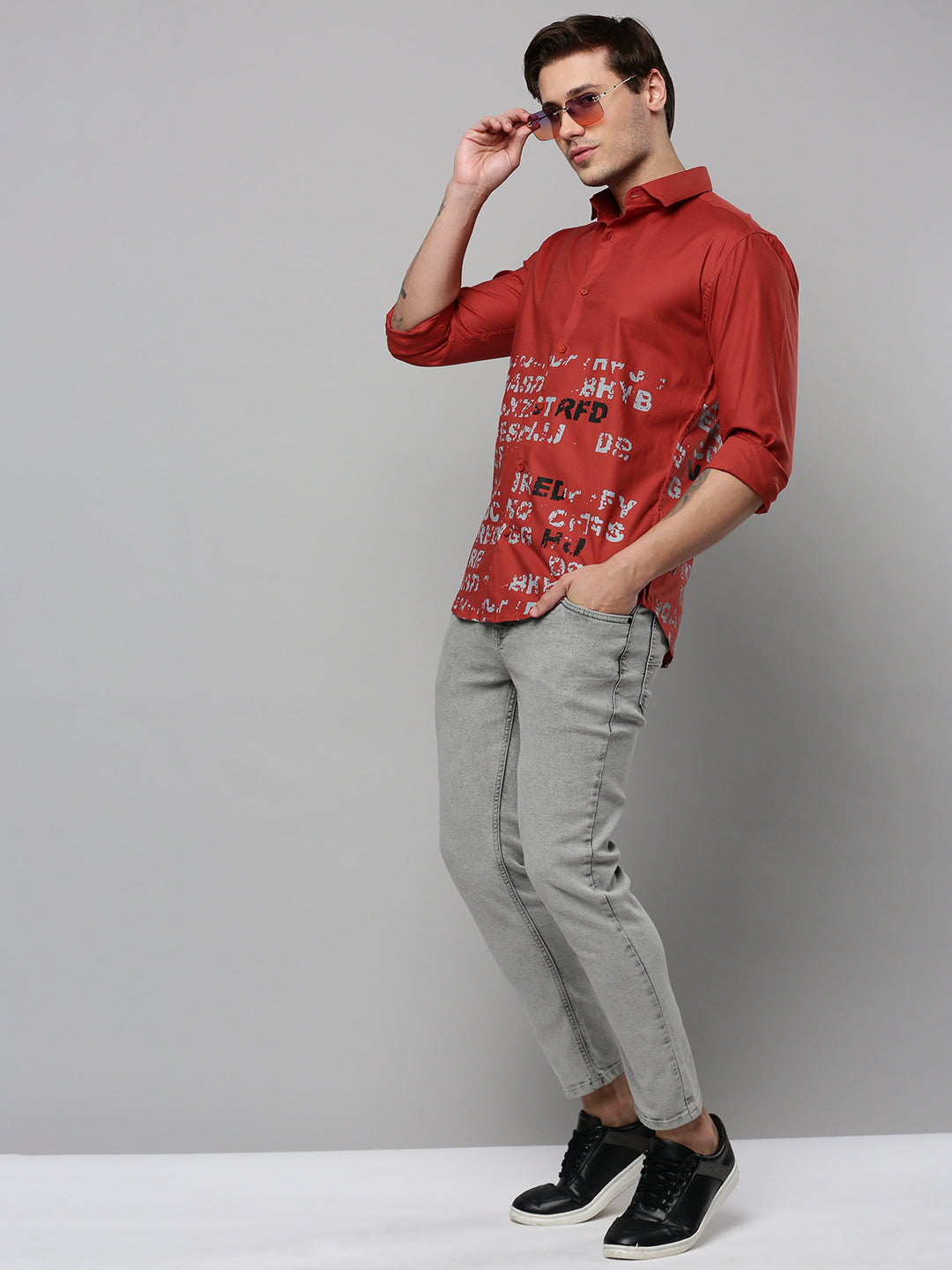 Men Rust Printed Casual Shirt