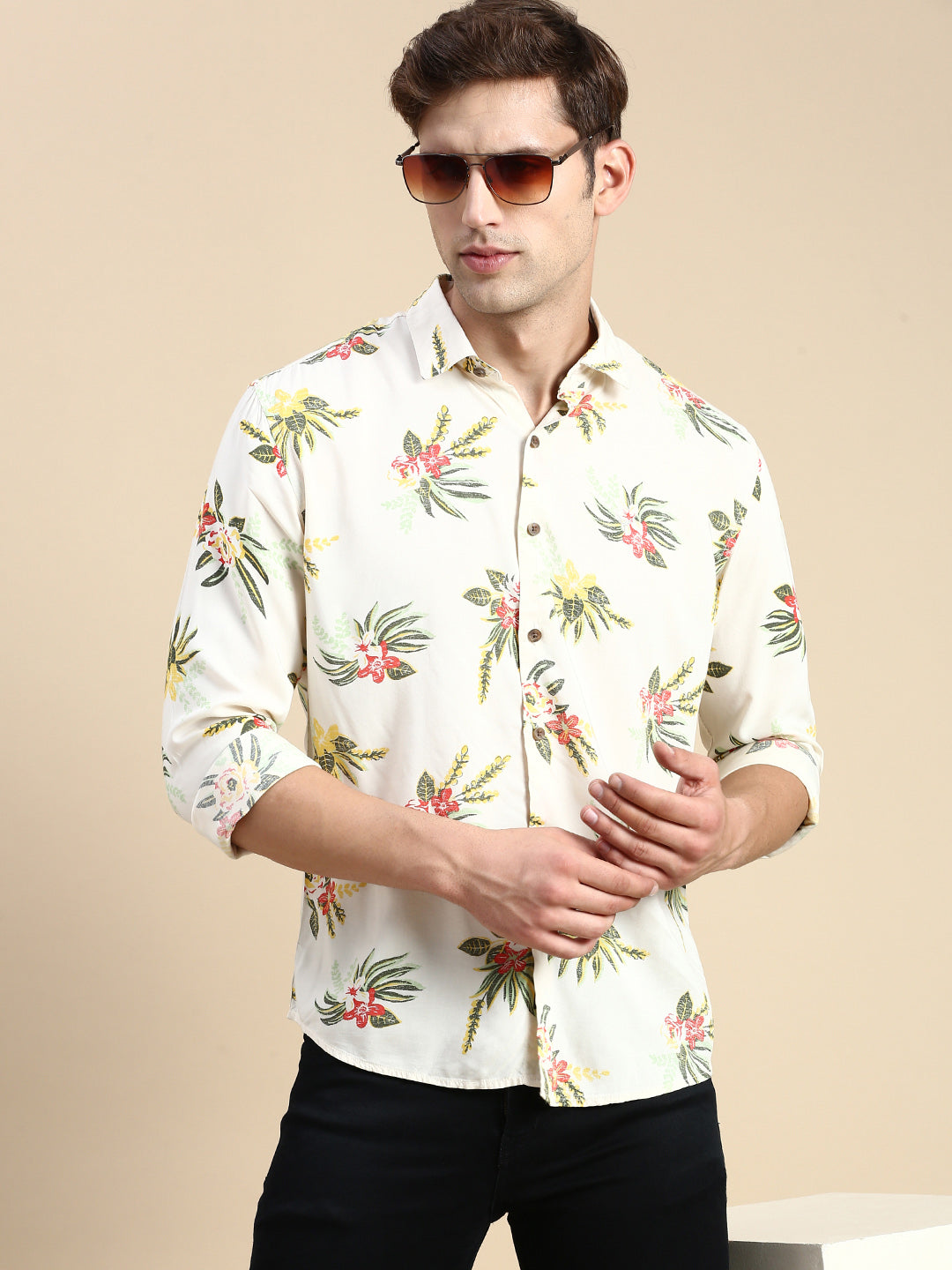 Men Cream Printed Casual Shirt