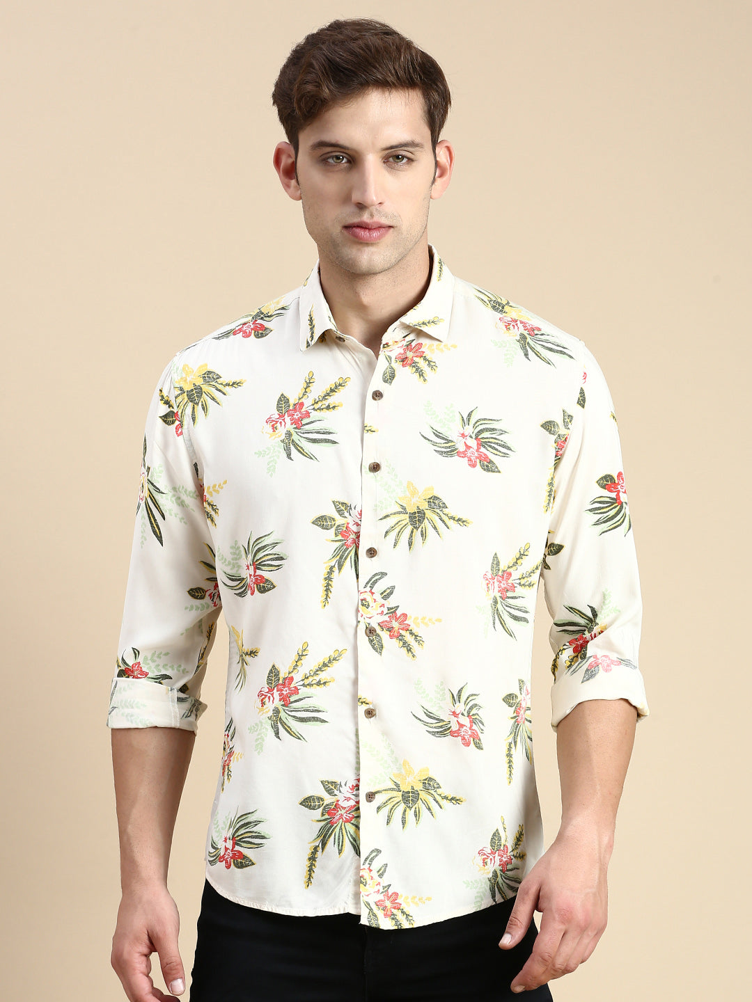 Men Cream Printed Casual Shirt