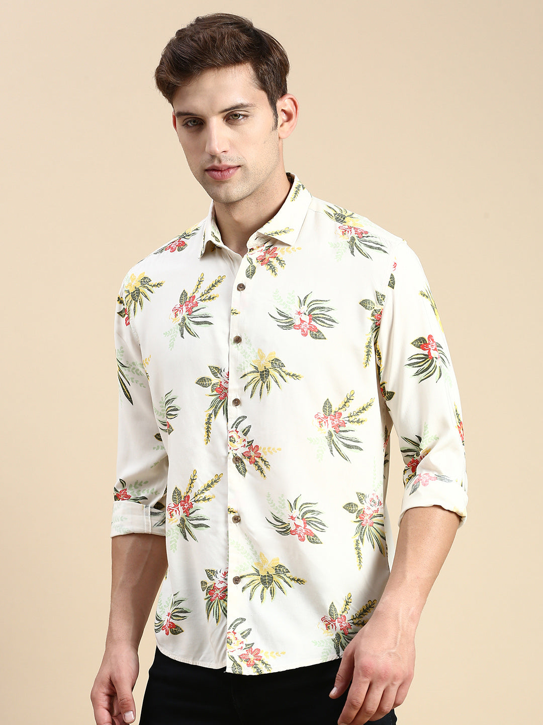 Men Cream Printed Casual Shirt