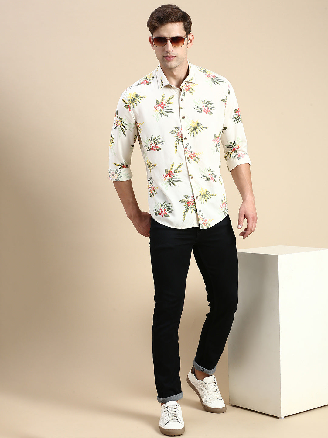 Men Cream Printed Casual Shirt