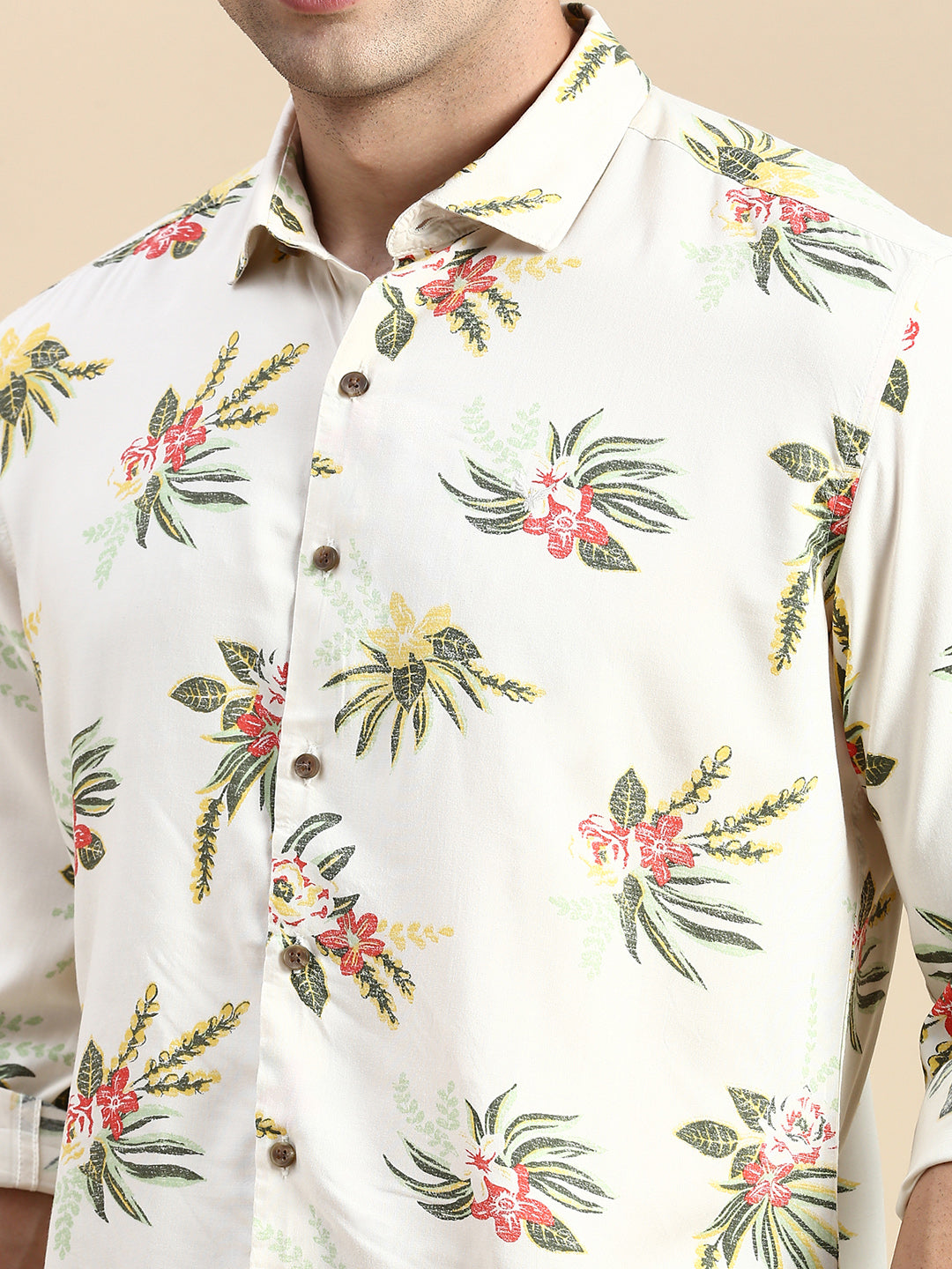 Men Cream Printed Casual Shirt