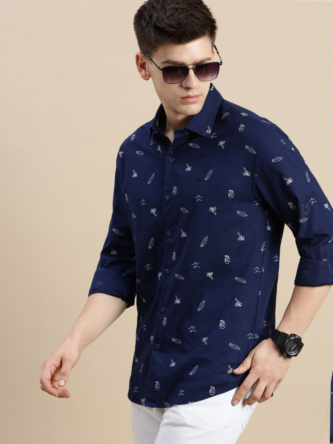 Men Navy Graphics Casual Shirt