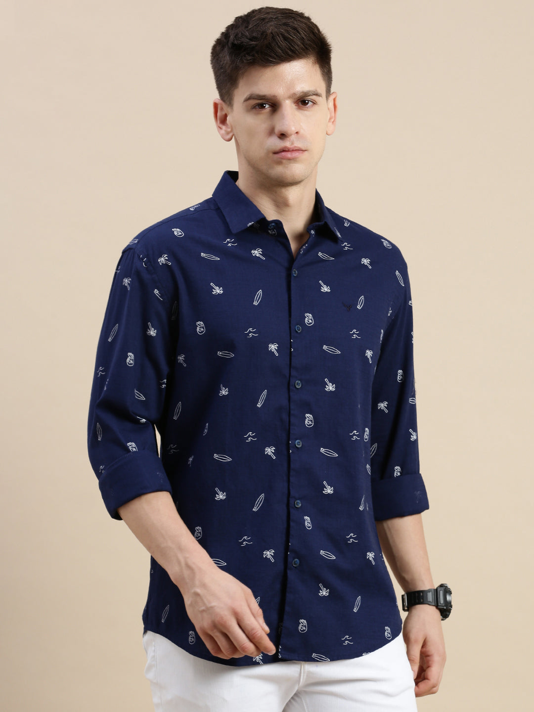 Men Navy Graphics Casual Shirt