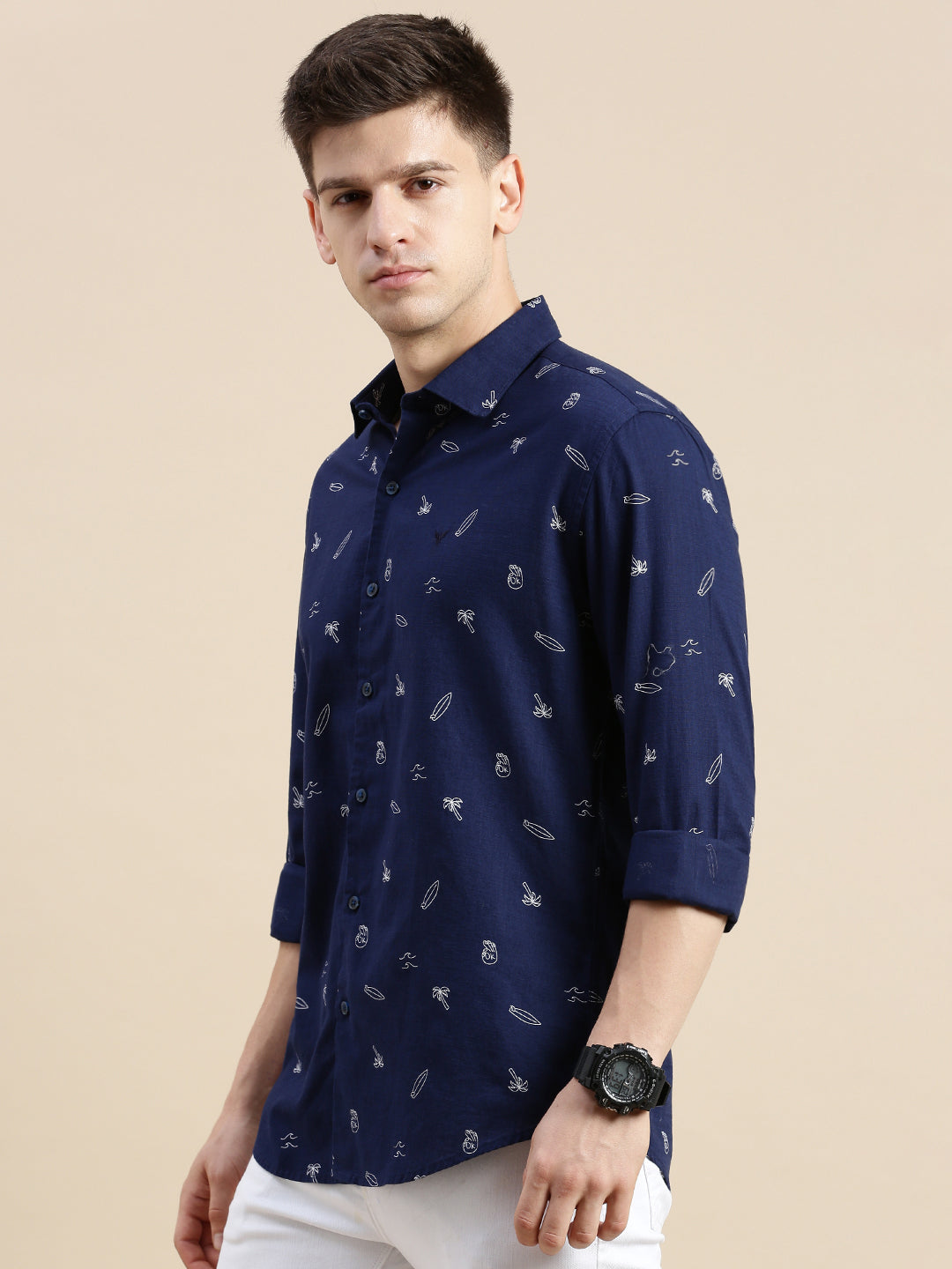 Men Navy Graphics Casual Shirt