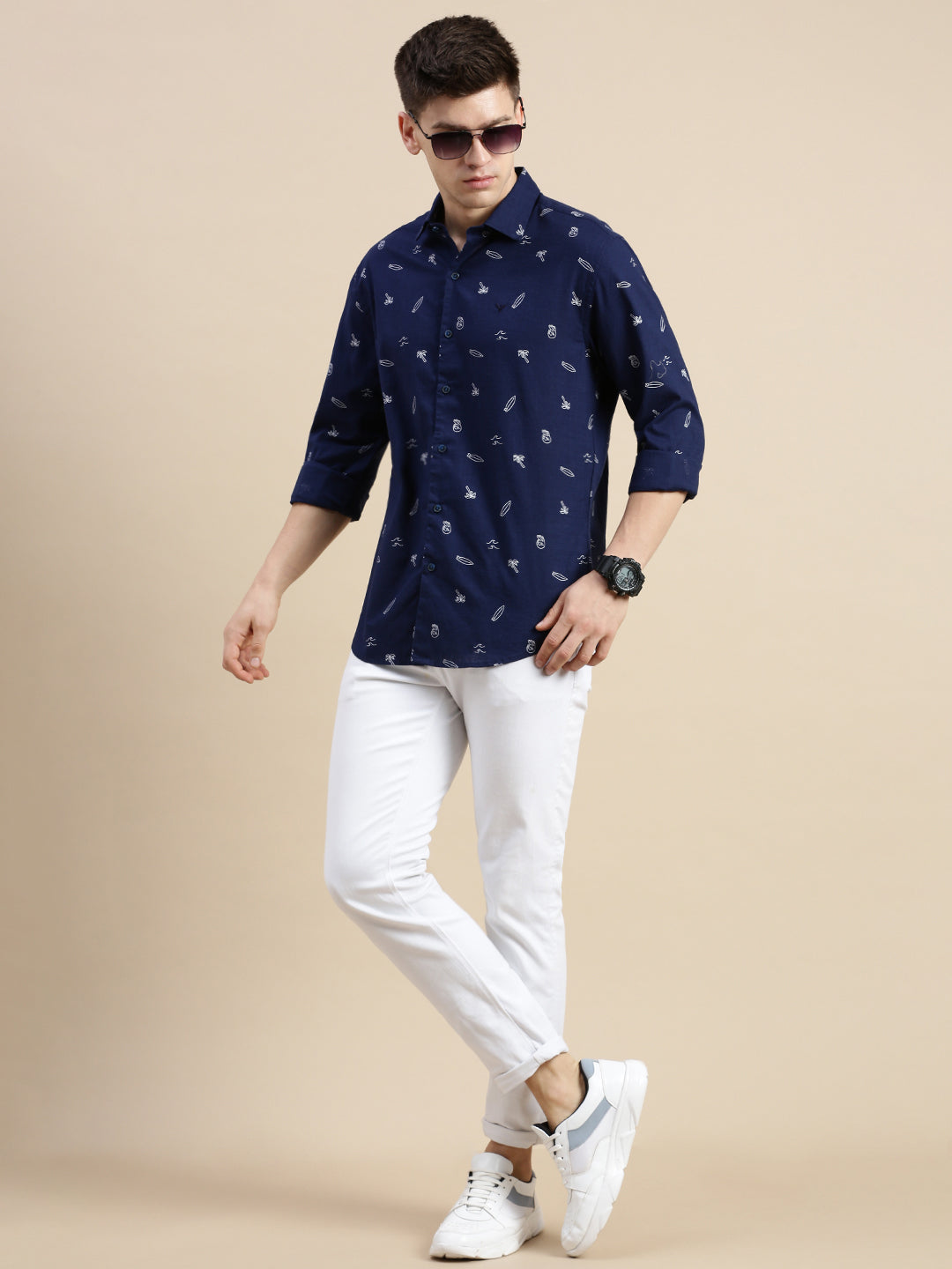 Men Navy Graphics Casual Shirt