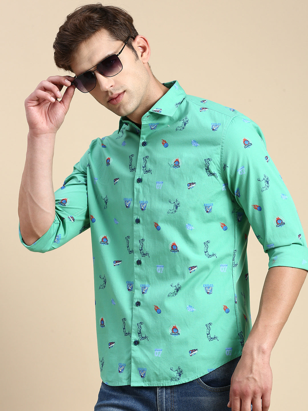 Men Green Printed Casual Shirt