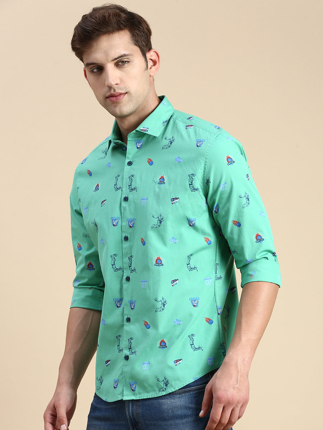 Men Green Printed Casual Shirt