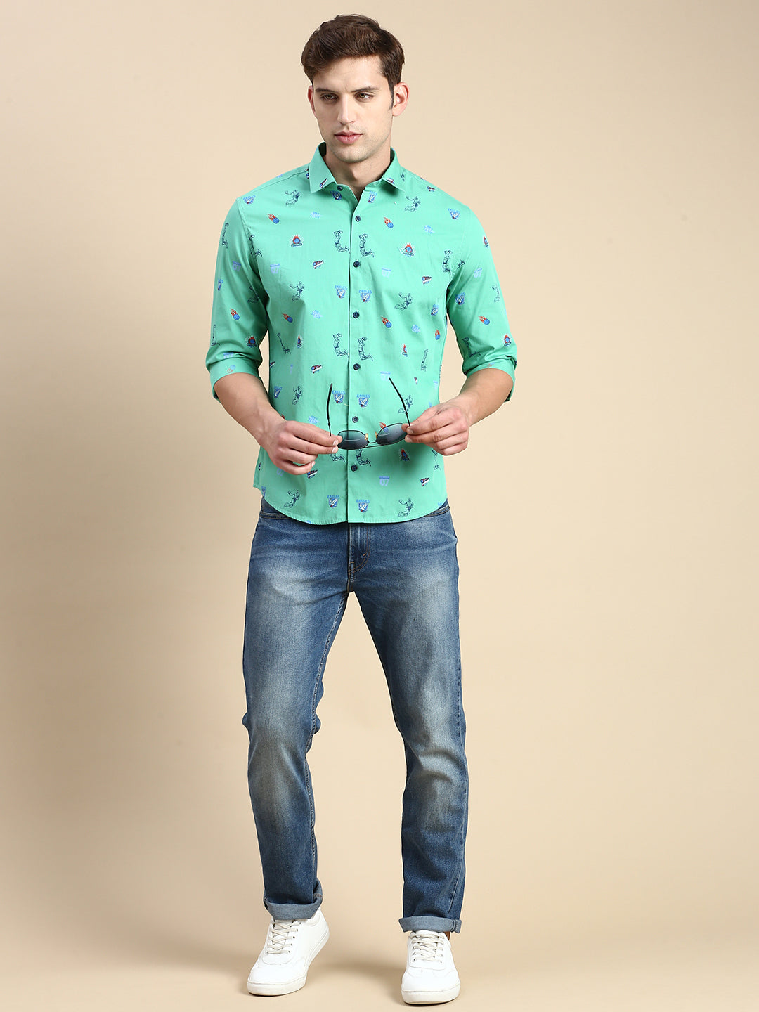 Men Green Printed Casual Shirt