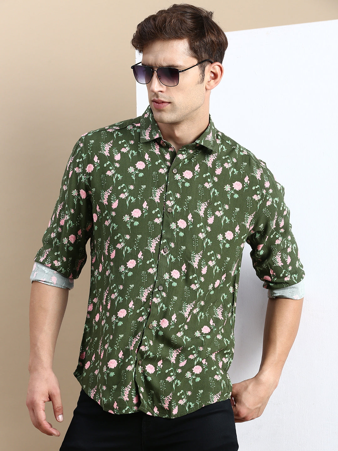 Men Green Printed Casual Shirt