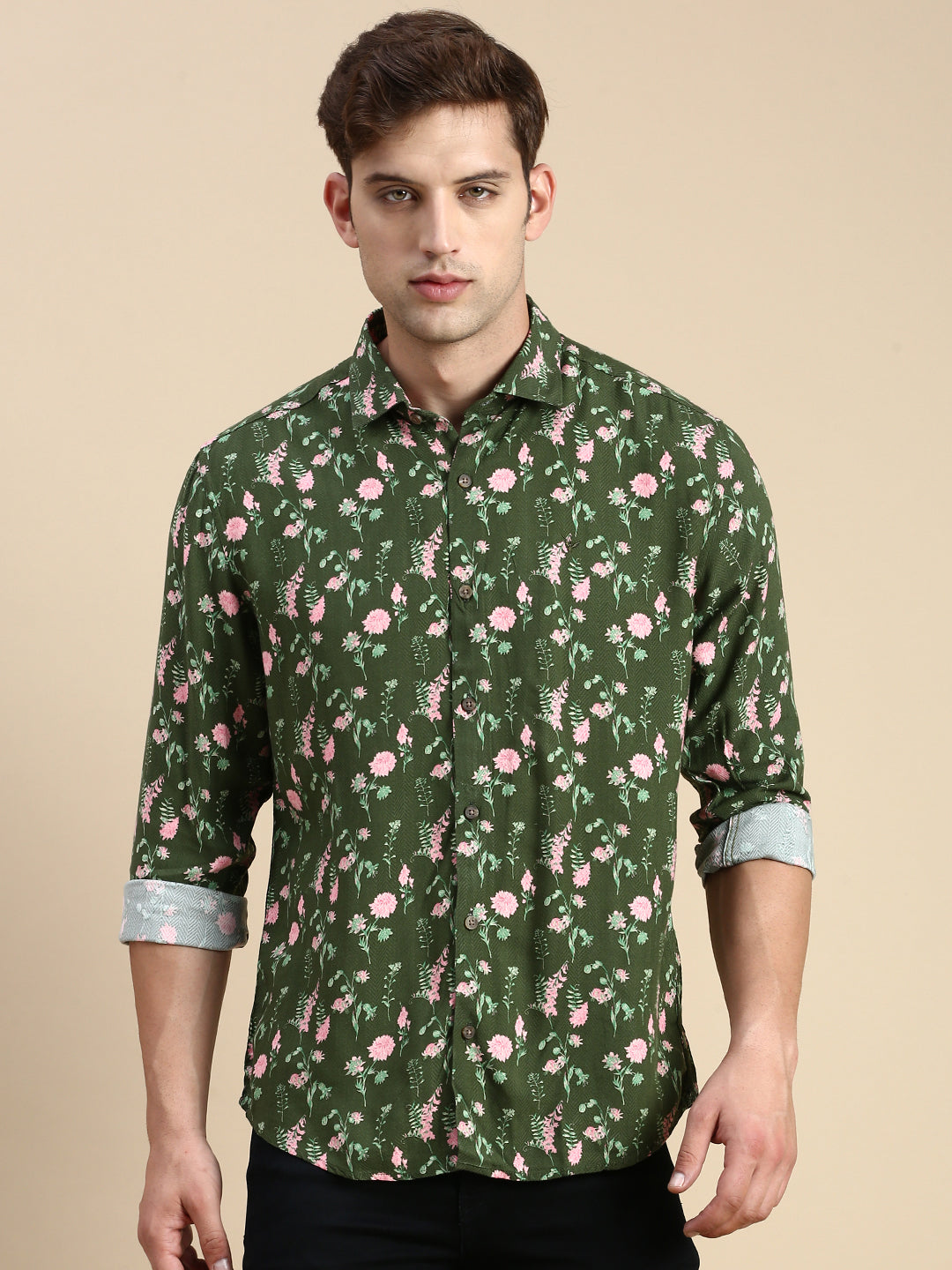 Men Green Printed Casual Shirt