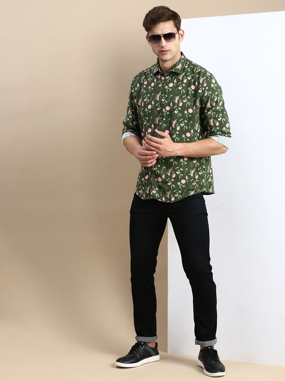 Men Green Printed Casual Shirt