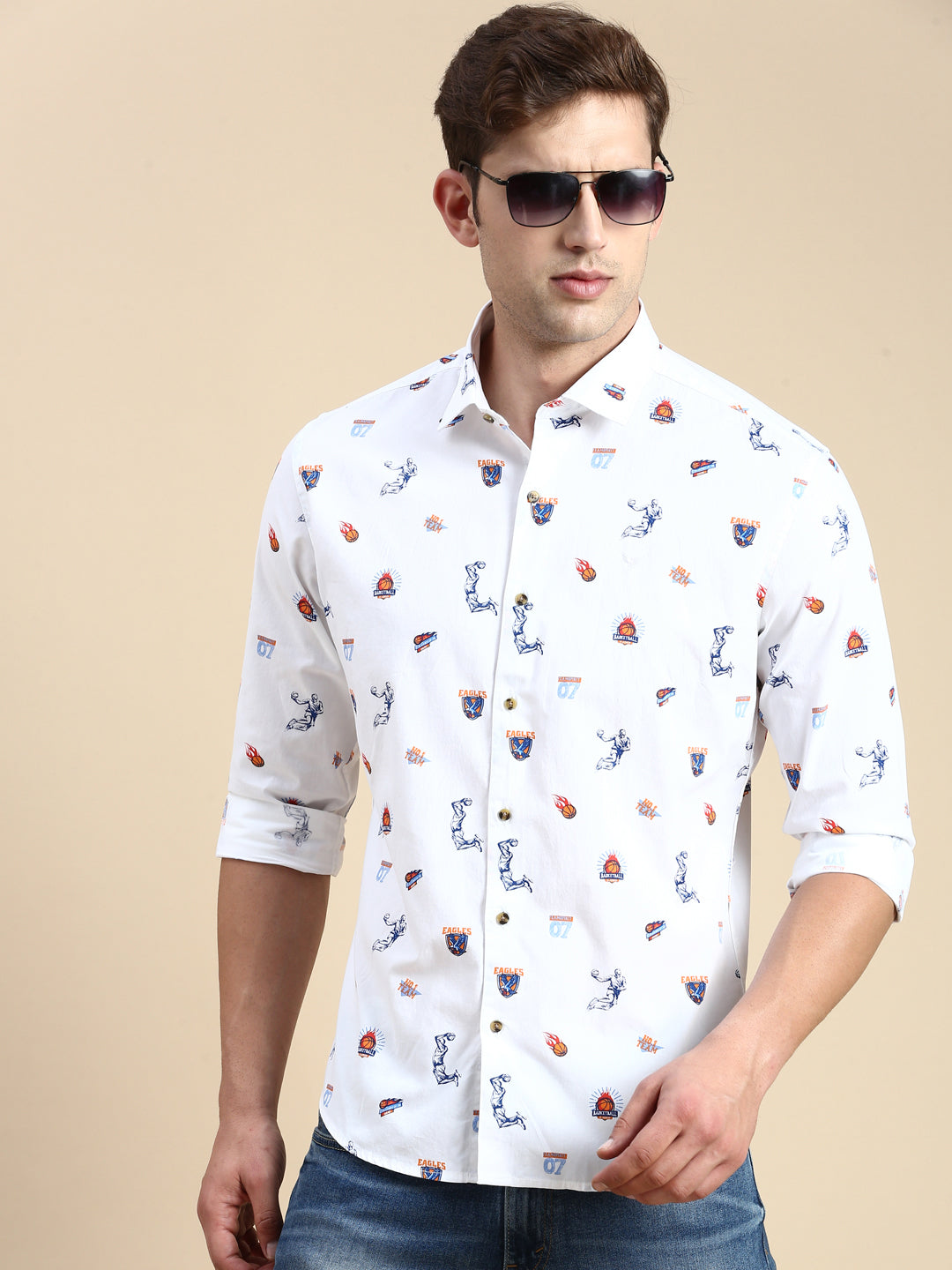 Men White Printed Casual Shirt