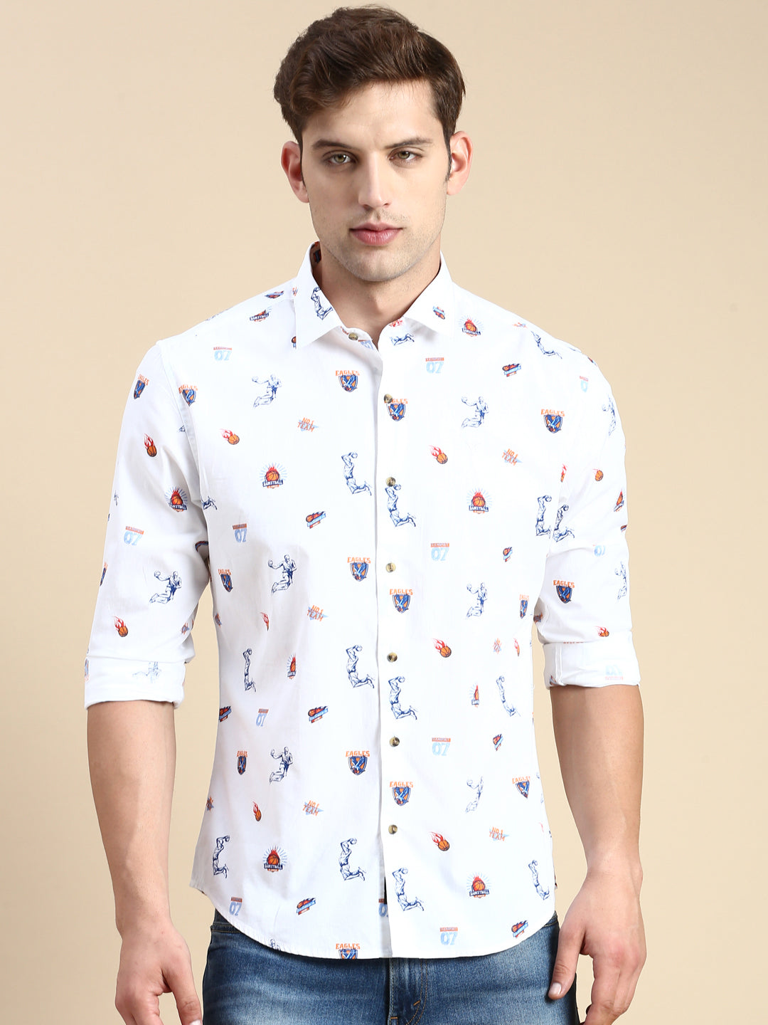 Men White Printed Casual Shirt