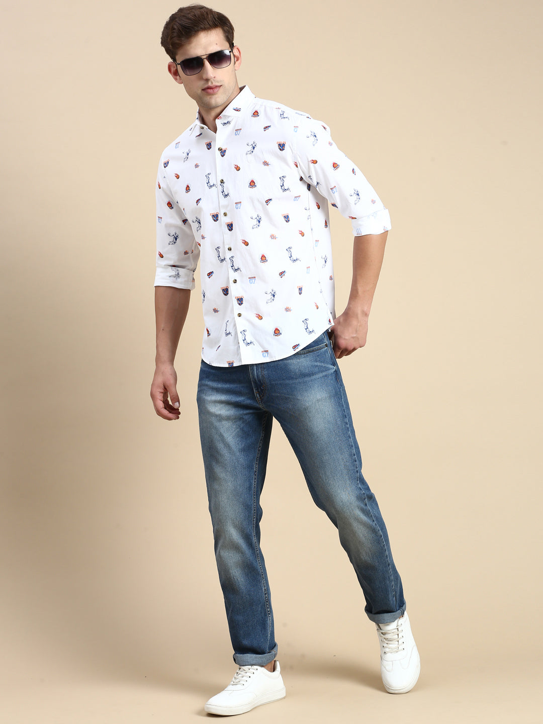 Men White Printed Casual Shirt