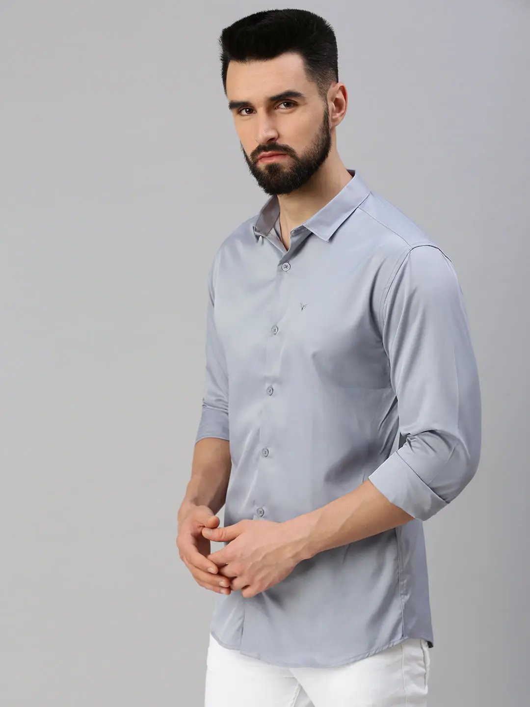 Men's Silver Solid Casual Shirt