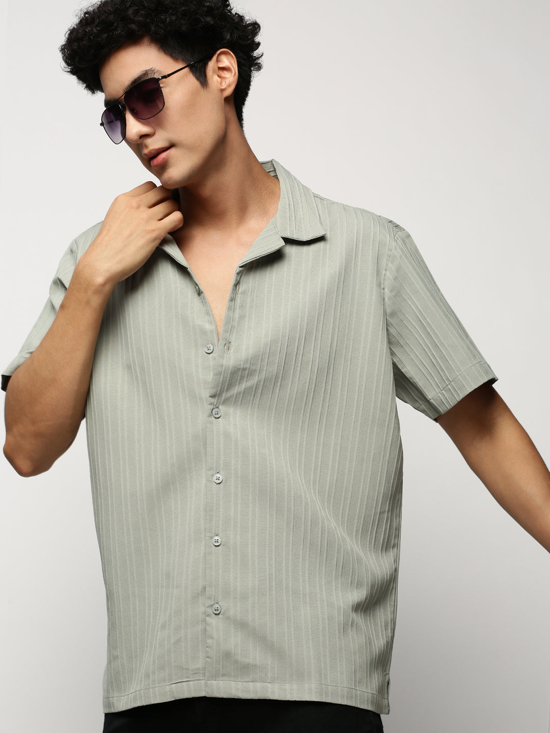 Men Green Striped Shirt