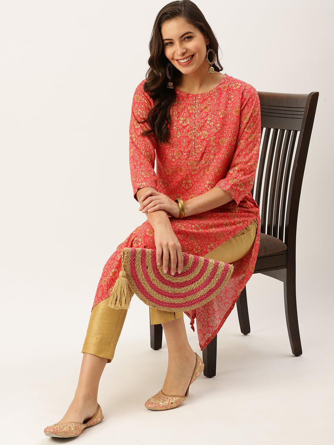 Women's Pink Printed Straight Kurtas