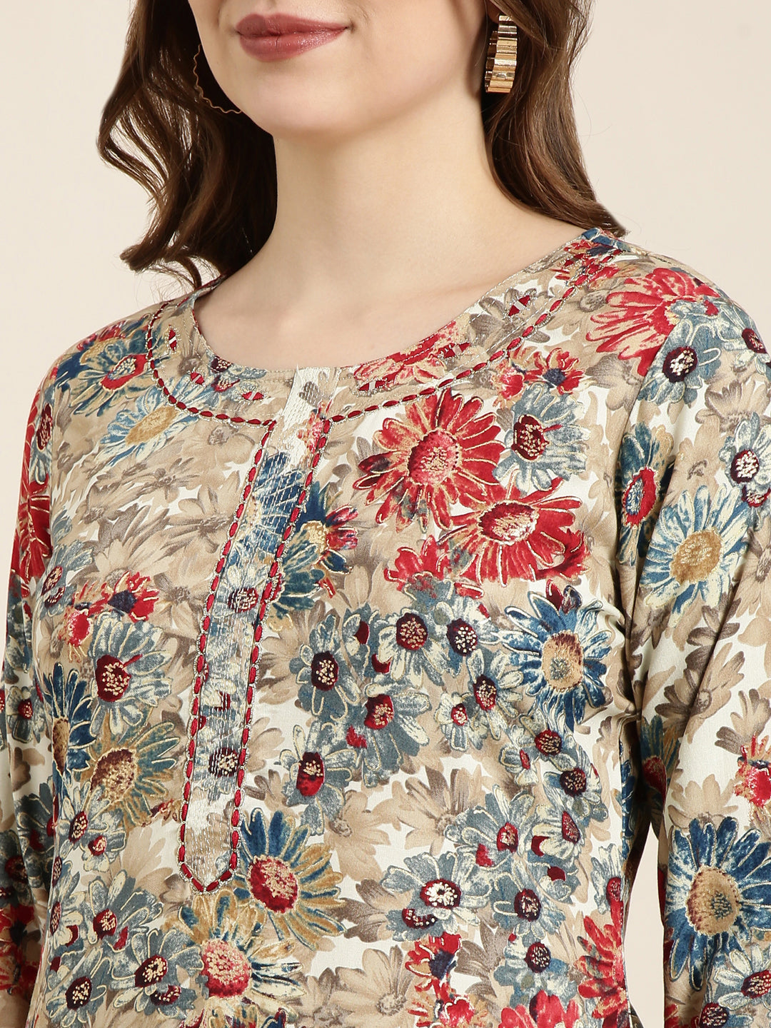Women's Straight Beige Floral Kurta