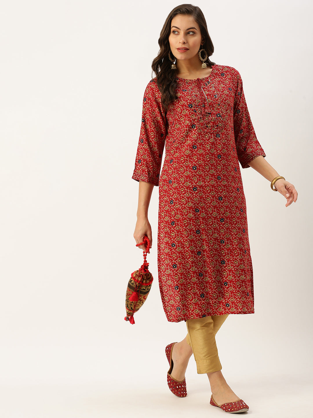 Women's Red Printed Straight Kurtas