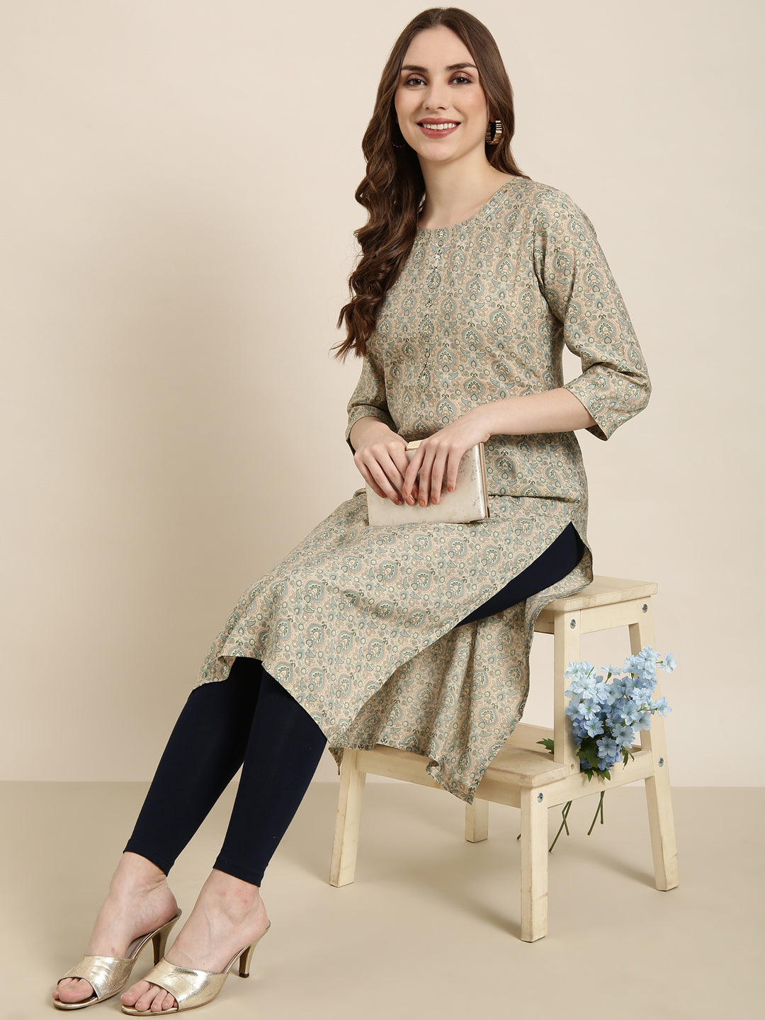 Women Straight Beige Ethnic Motifs Kurta