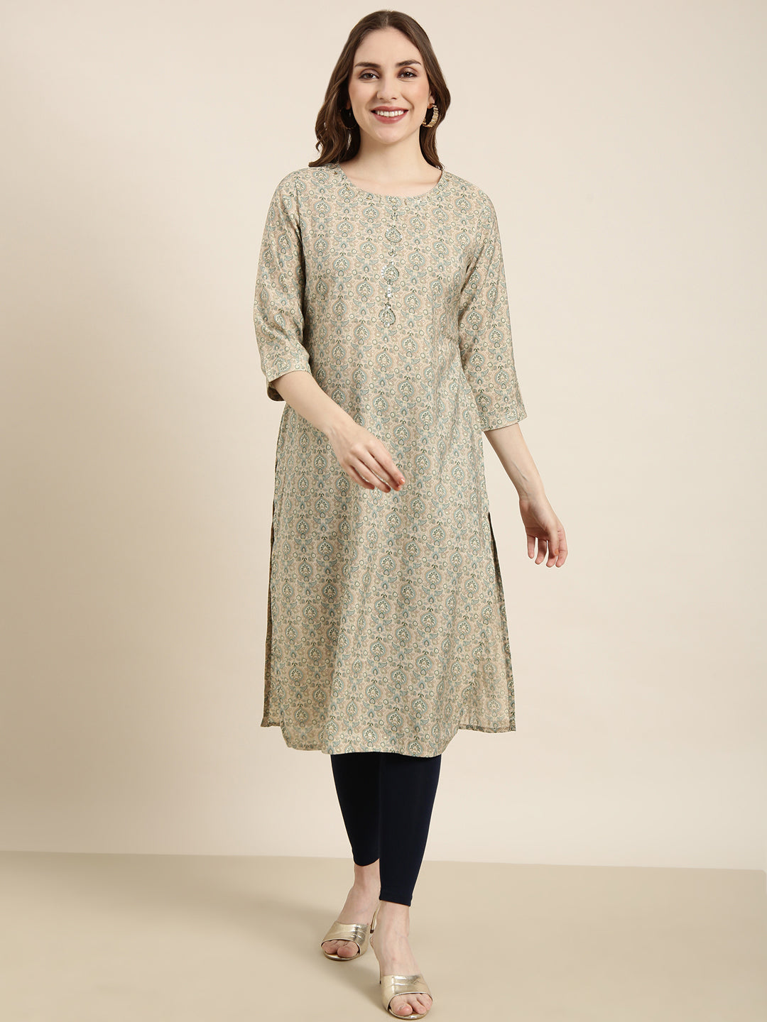 Women Straight Beige Ethnic Motifs Kurta