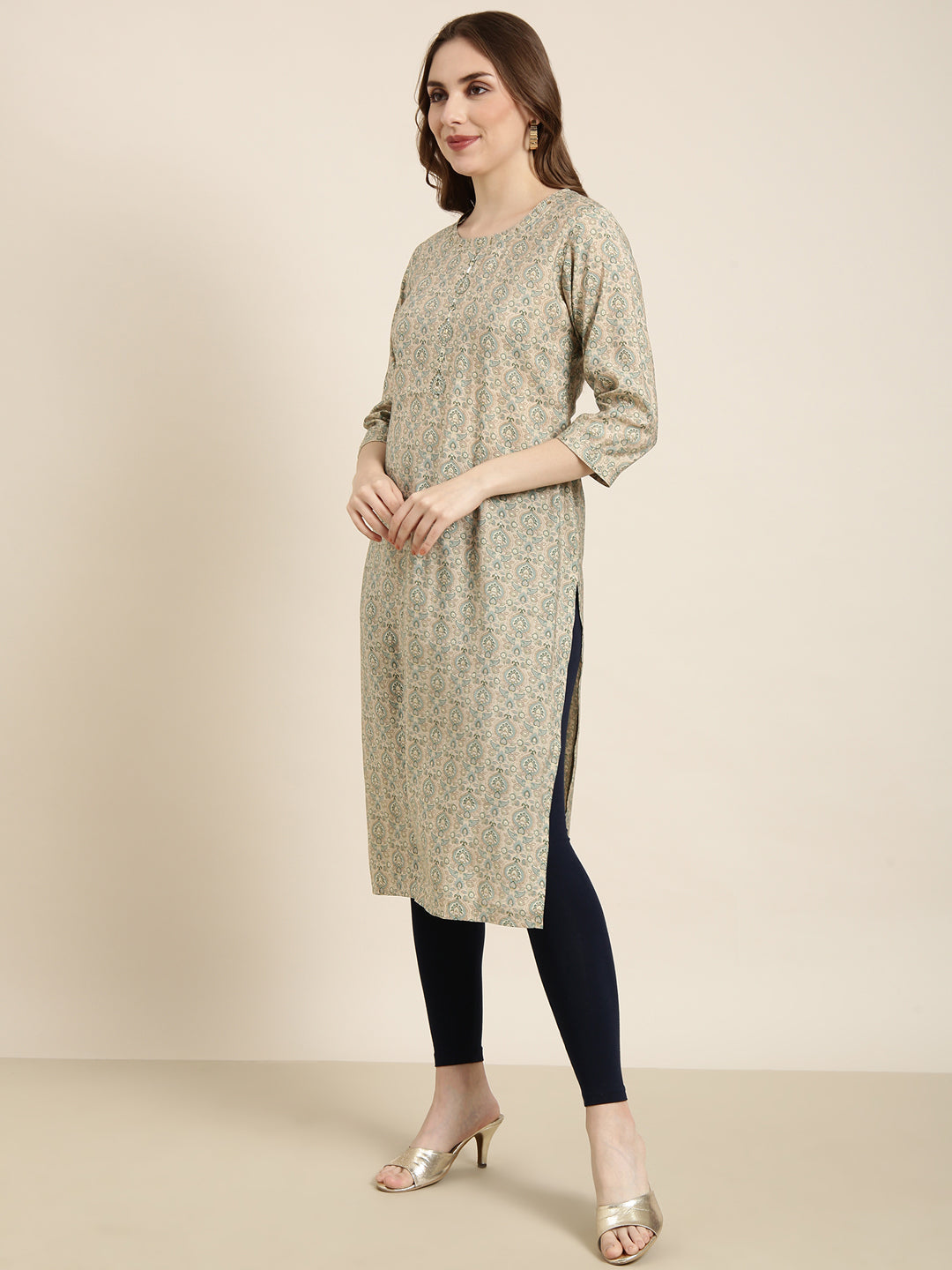 Women Straight Beige Ethnic Motifs Kurta