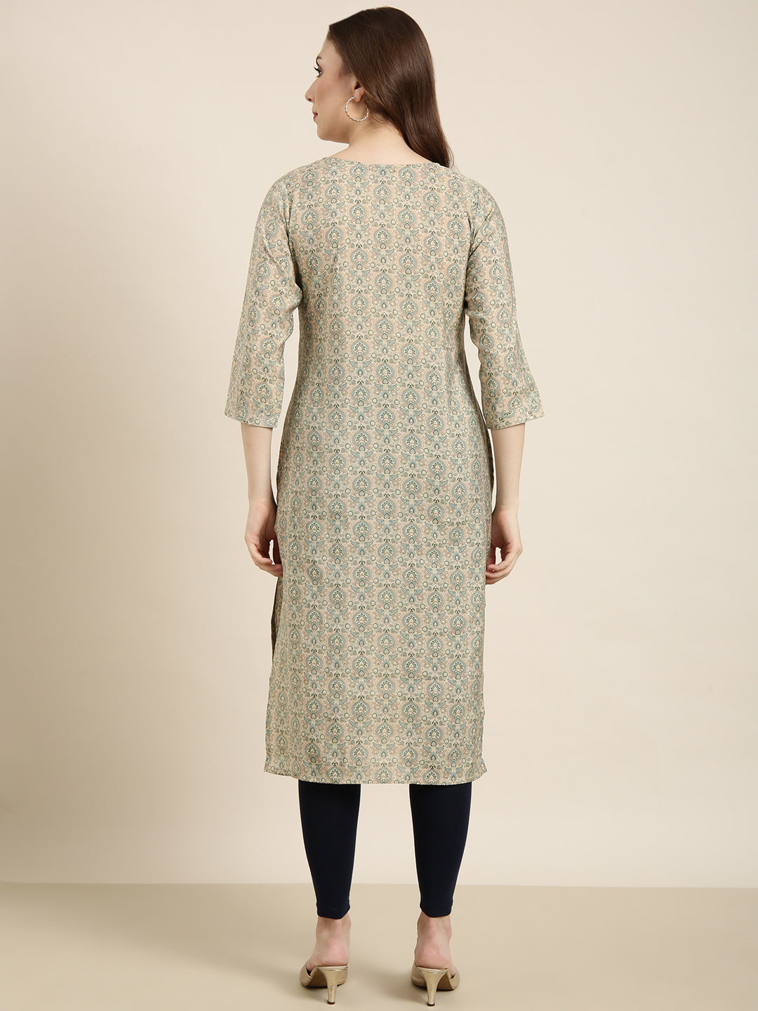 Women Straight Beige Ethnic Motifs Kurta