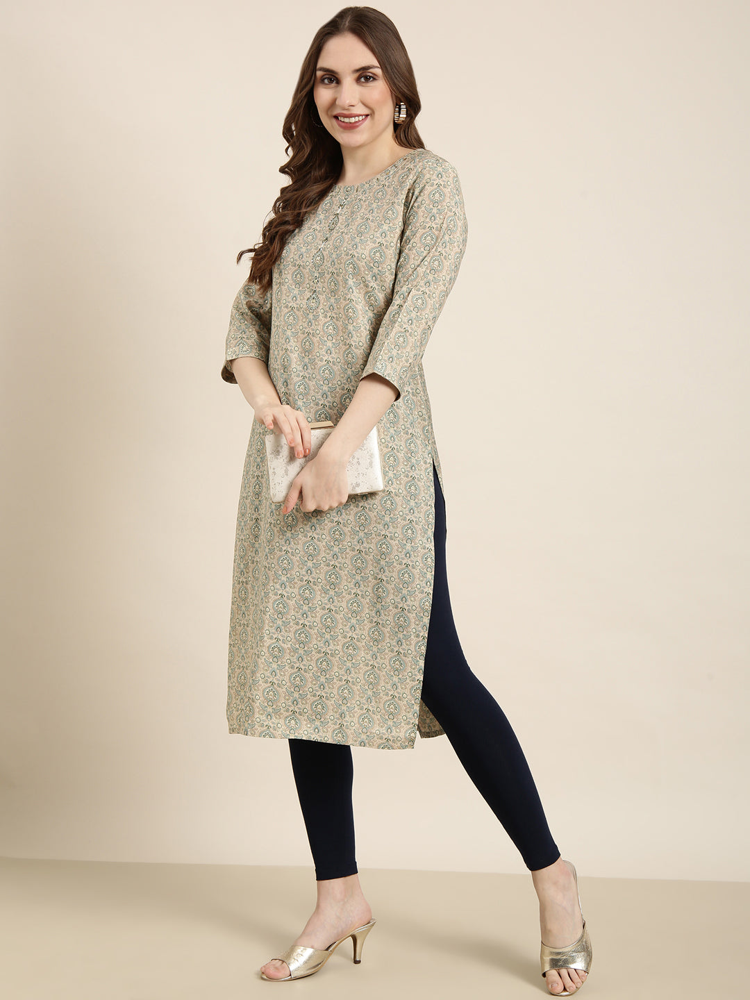 Women Straight Beige Ethnic Motifs Kurta