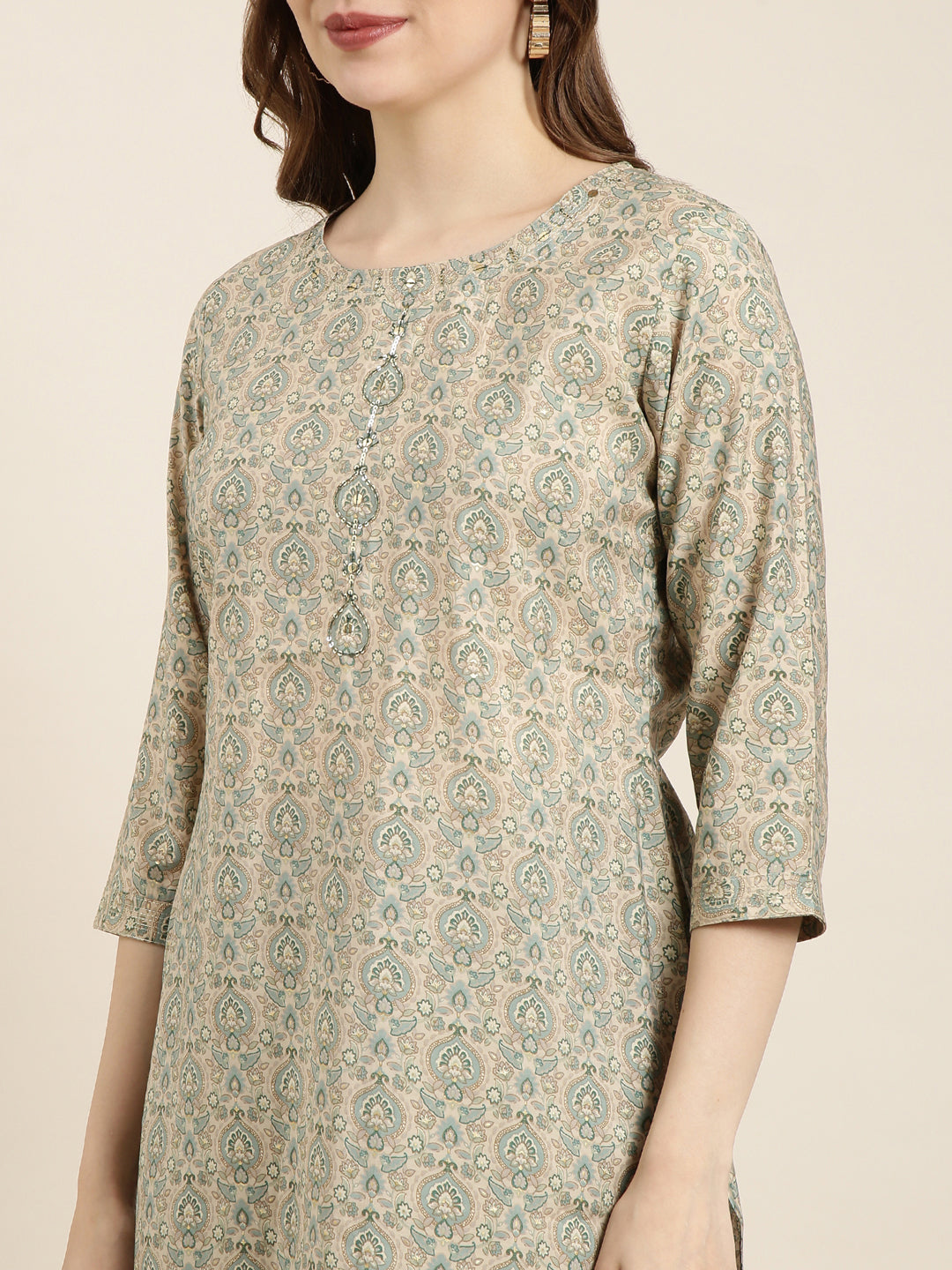 Women Straight Beige Ethnic Motifs Kurta