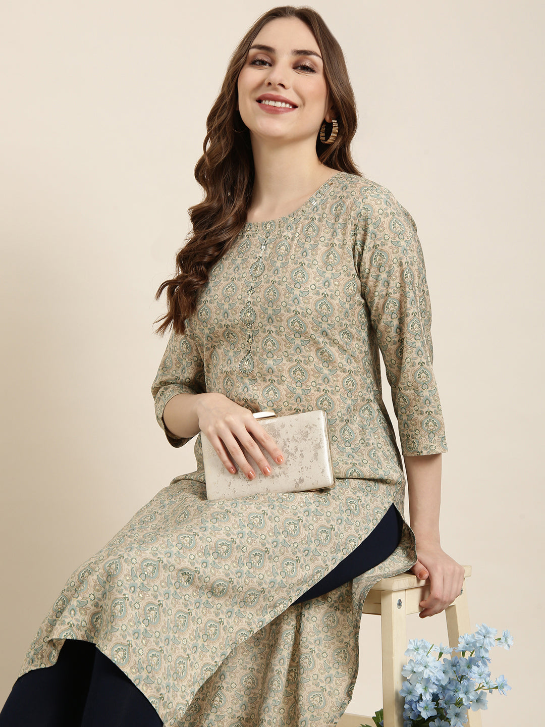 Women Straight Beige Ethnic Motifs Kurta