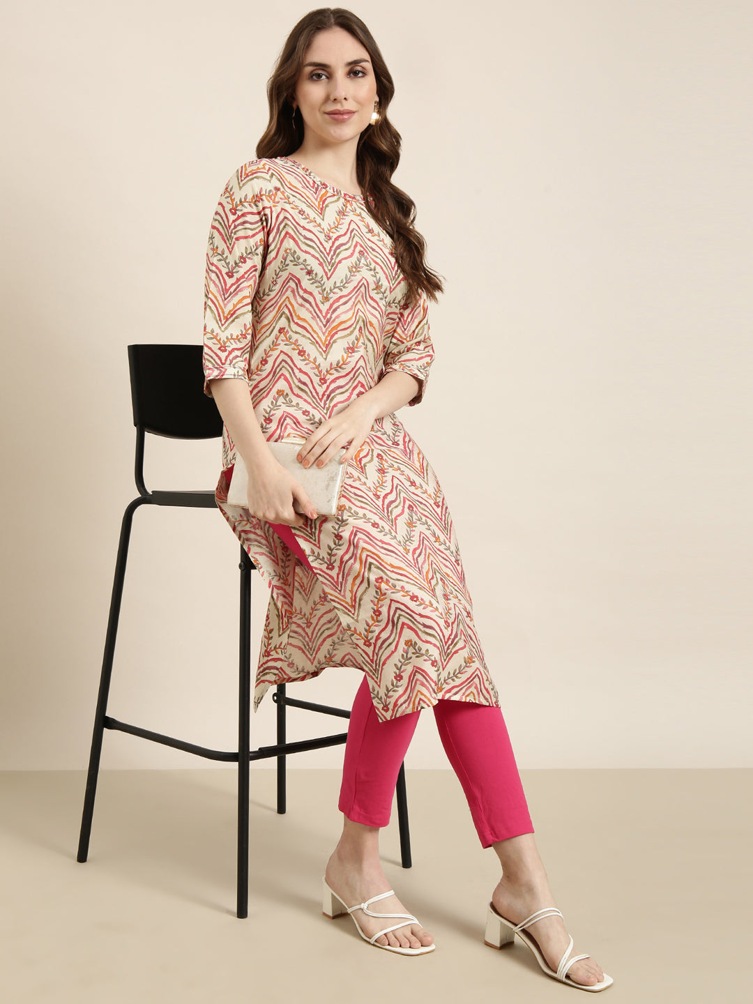 Women Straight Beige Floral Kurta