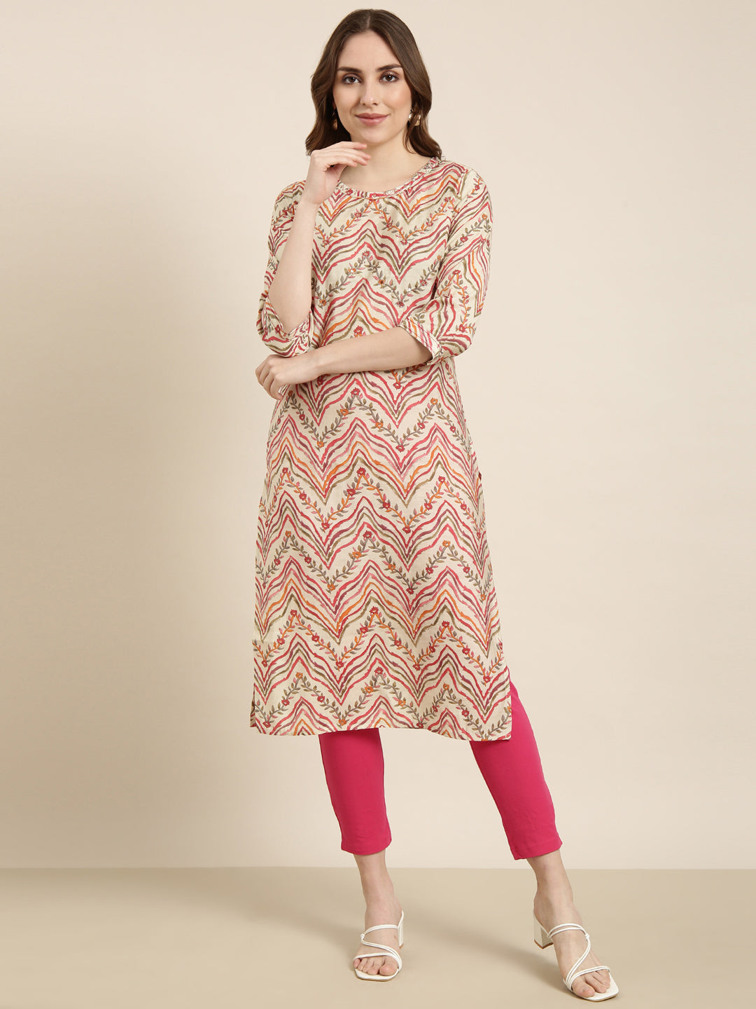 Women Straight Beige Floral Kurta