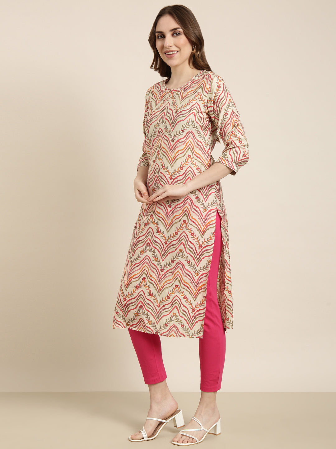 Women Straight Beige Floral Kurta