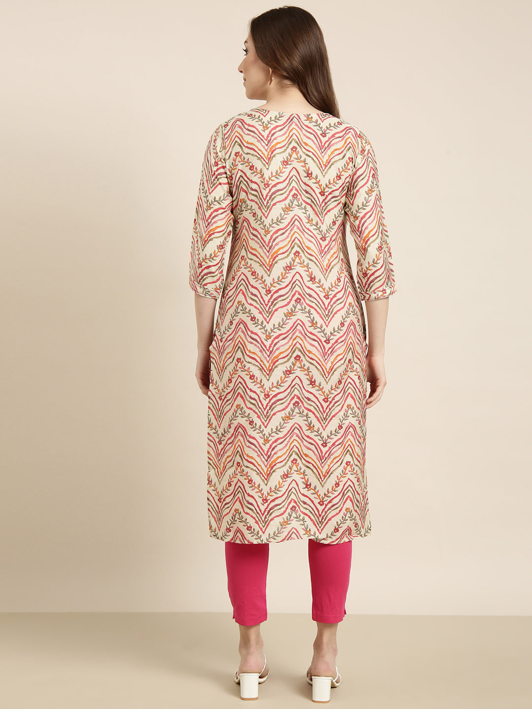 Women Straight Beige Floral Kurta