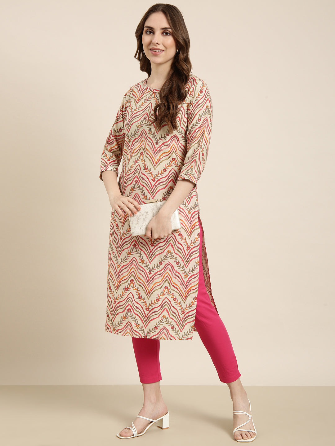 Women Straight Beige Floral Kurta