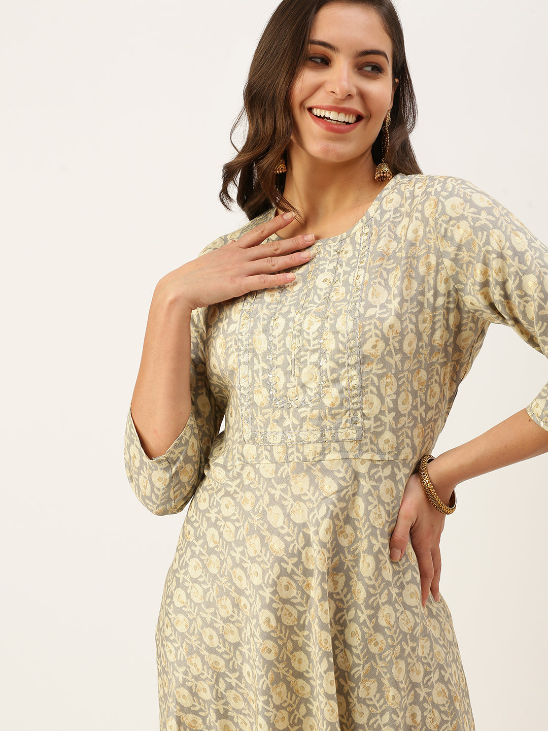 Women's Grey Printed A-Line Kurtas