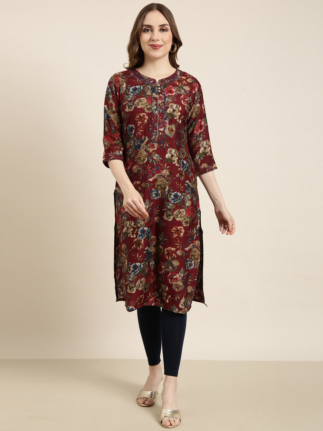 Women's Straight Maroon Floral Kurta