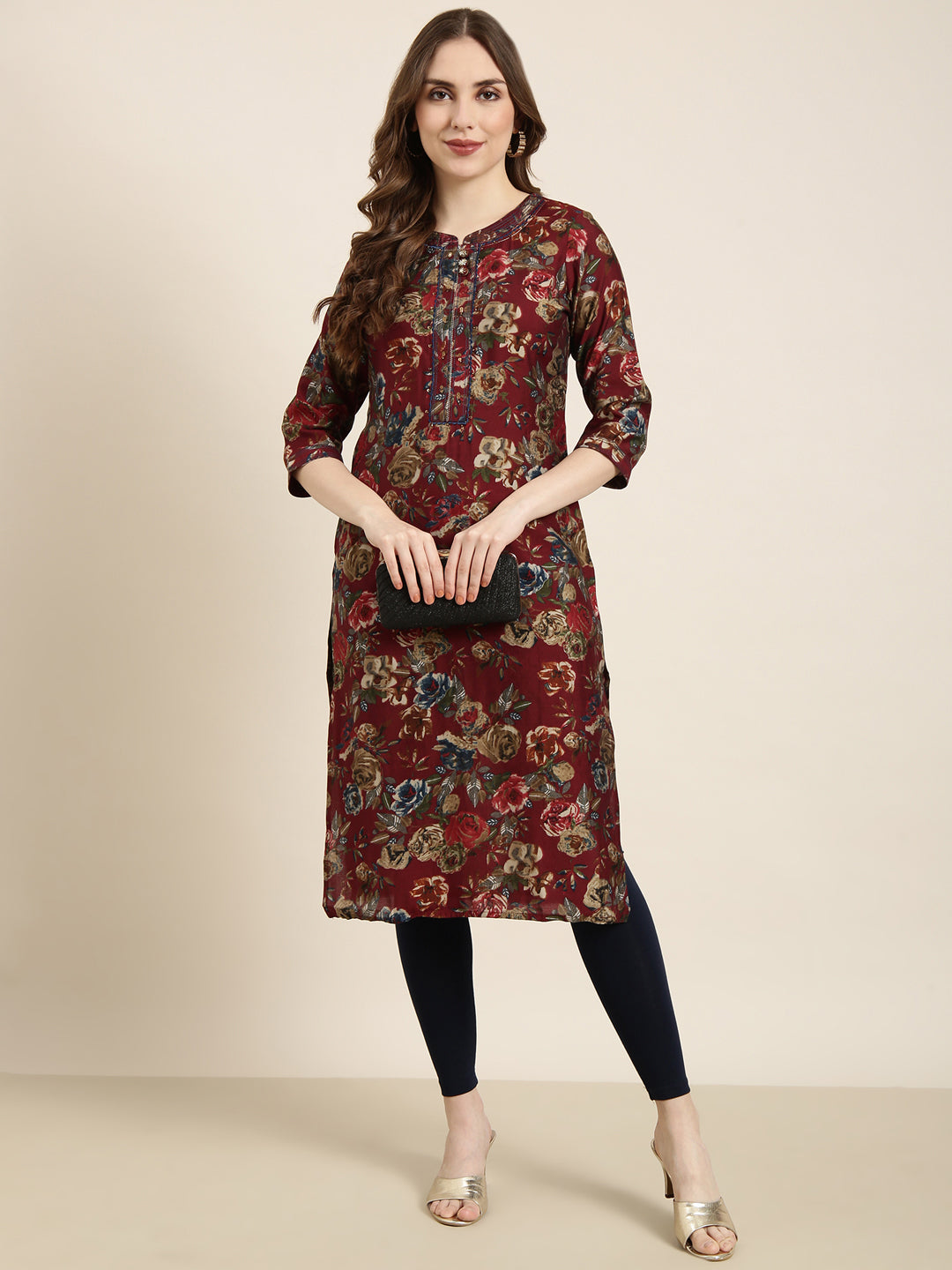 Women's Straight Maroon Floral Kurta