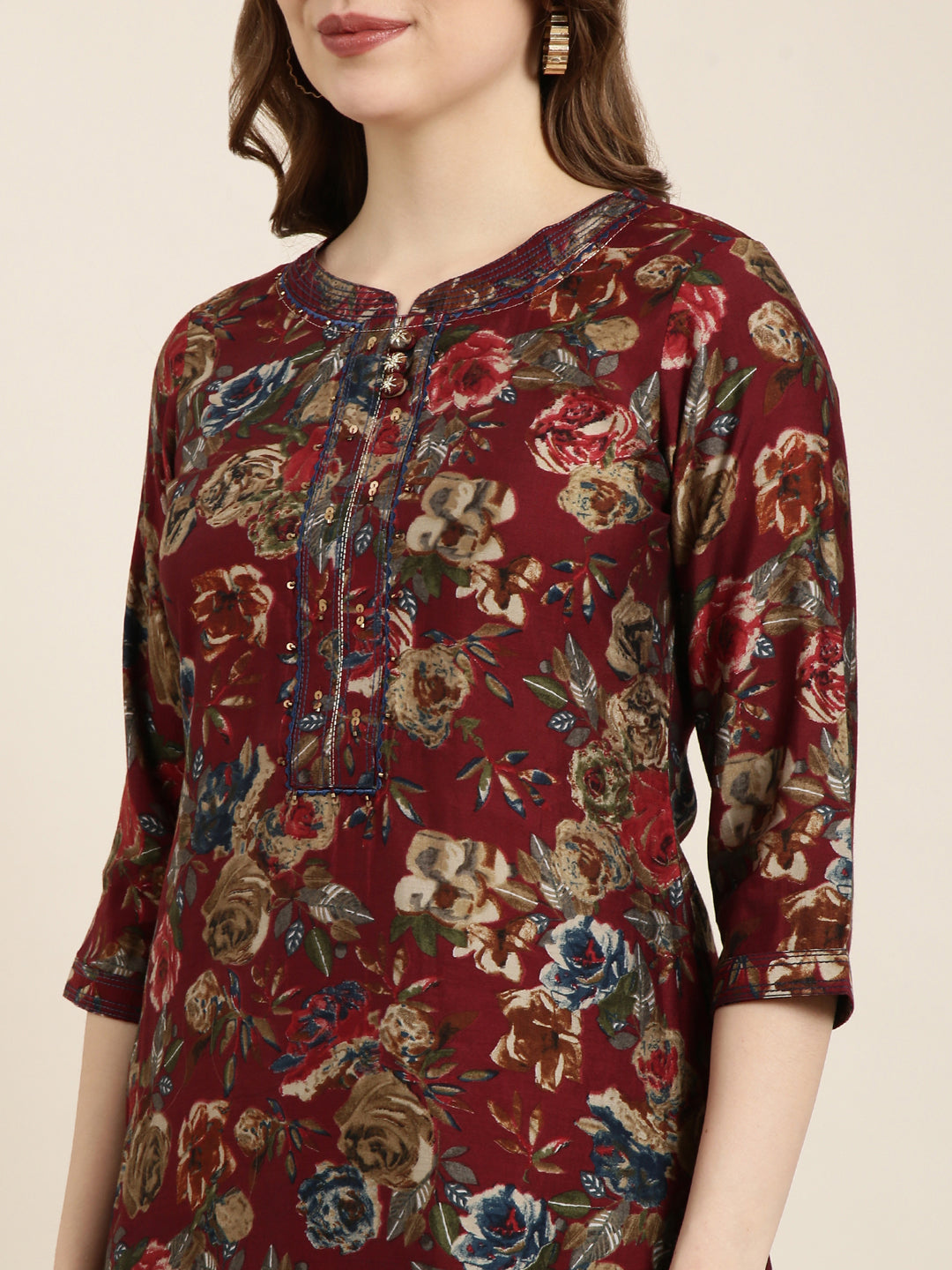 Women's Straight Maroon Floral Kurta